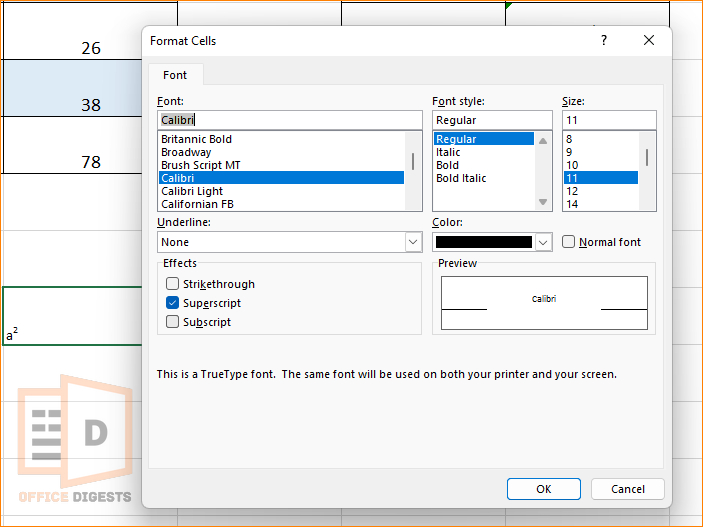 superscript-option-excel